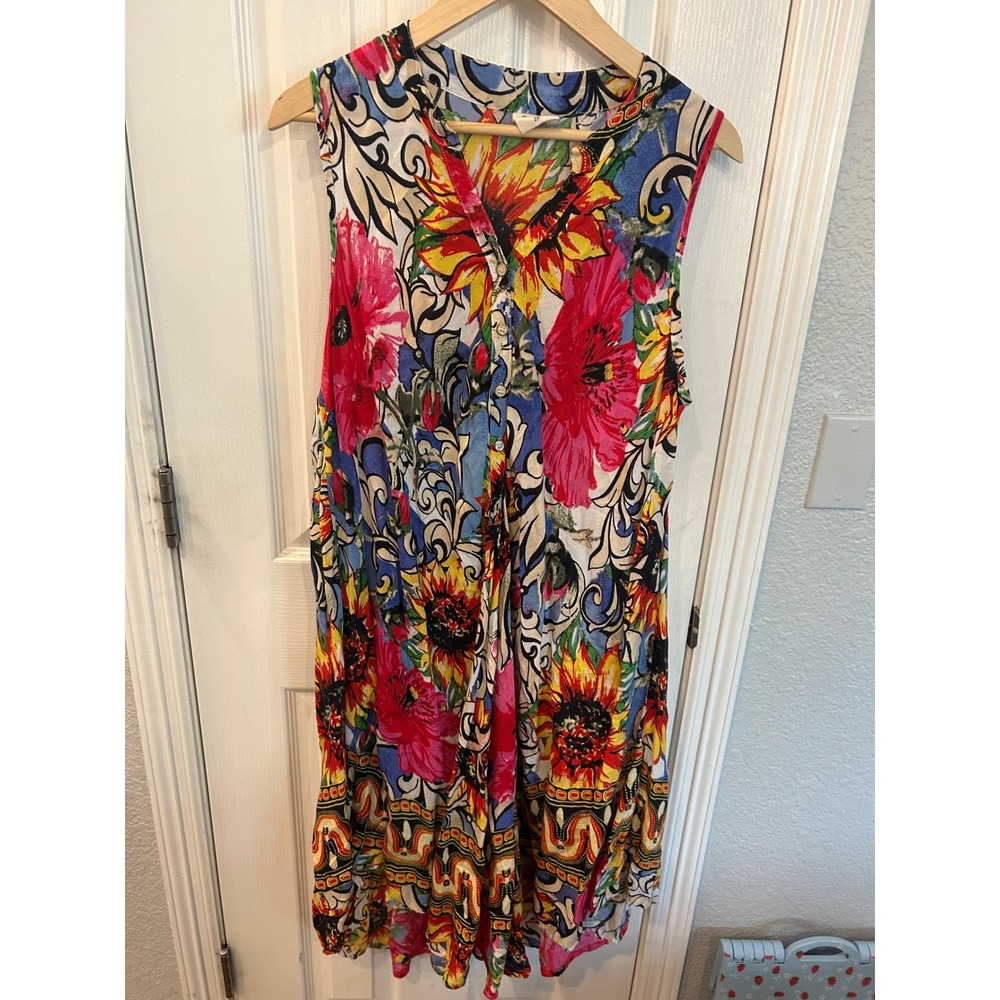 Seven Islands Midi Dress Multi Color Floral Sunflowers Rayon Boho Summer 2X